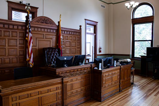 Interior view of an American courthouse in Kirksville, Missouri, featuring a judge's desk and flags.